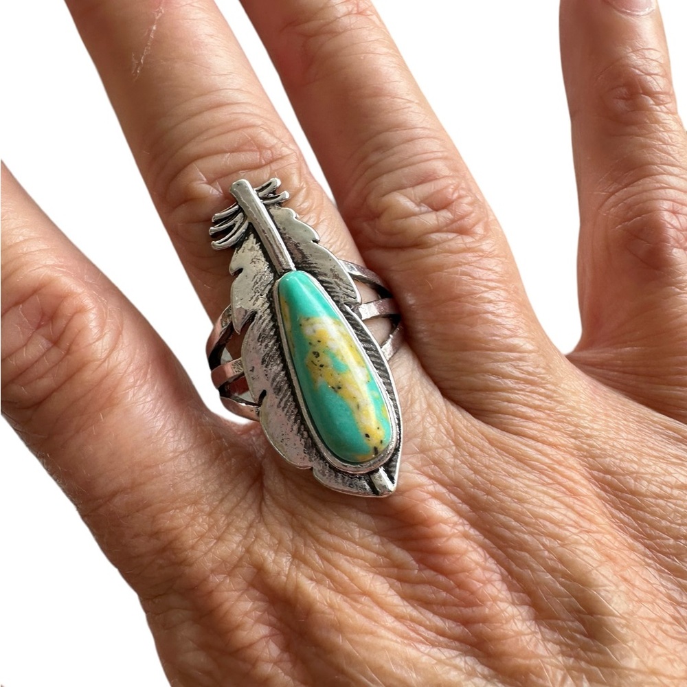 Silver and Turquoise Native American Style Feather Ring